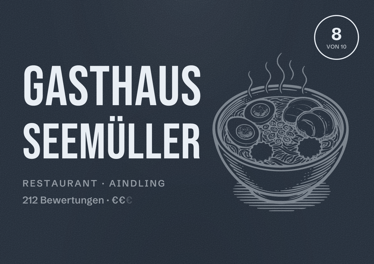 Illustriertes Poster von Gasthaus Seemüller, Restaurant in Aindling: Bewertung 8 von 10 aus 212 Bewertungen, Preisniveau €€