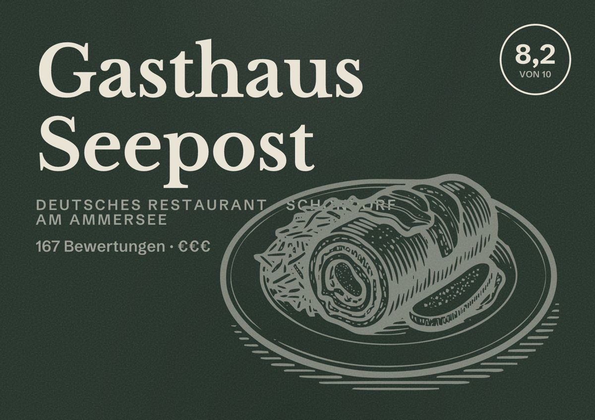 Illustriertes Poster von Gasthaus Seepost, Deutsches Restaurant in Schondorf am Ammersee: Bewertung 8,2 von 10 aus 167 Bewertungen, Preisniveau €€€