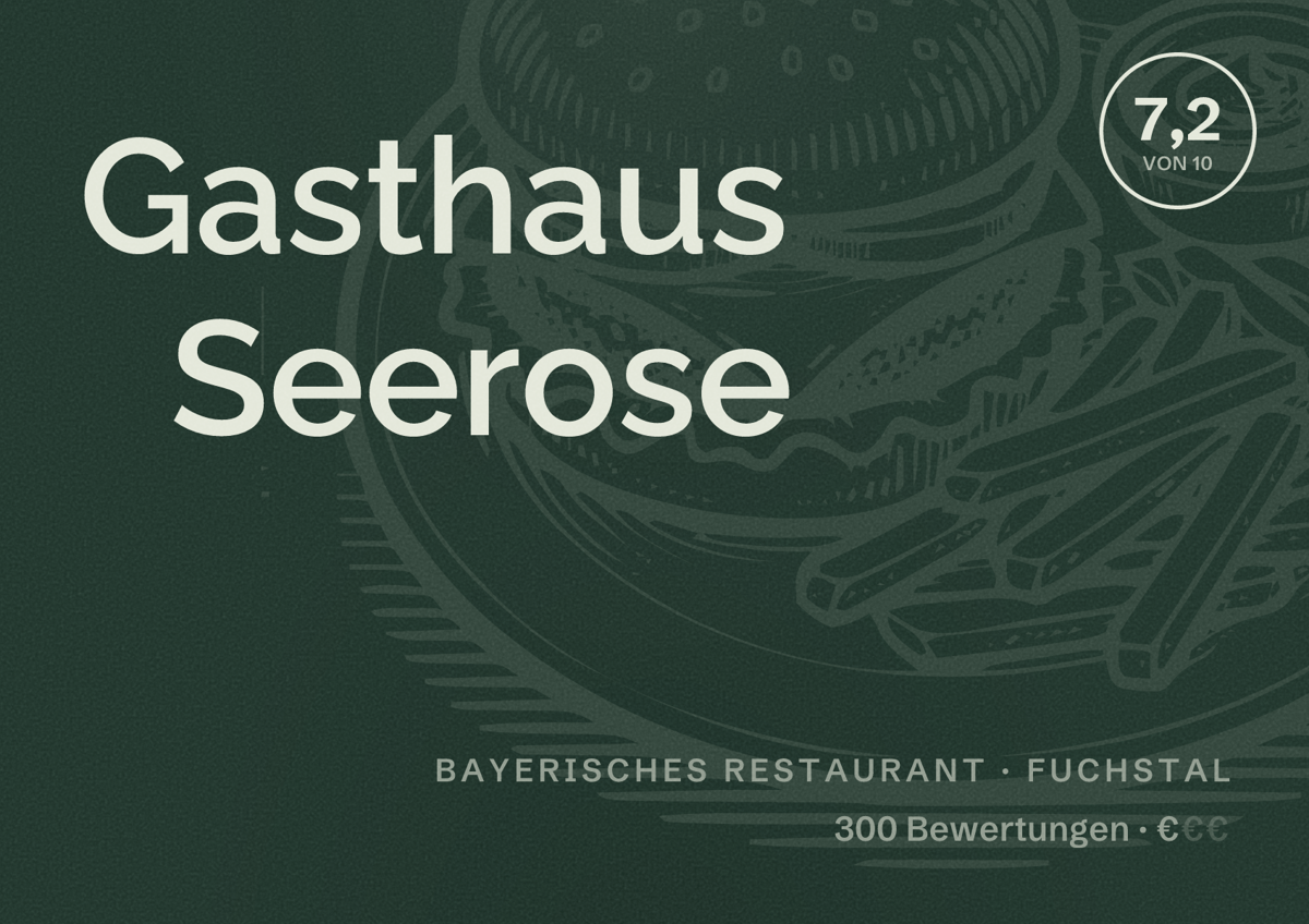 Illustriertes Poster von Gasthaus Seerose, Bayerisches Restaurant in Fuchstal: Bewertung 7,2 von 10 aus 300 Bewertungen, Preisniveau €