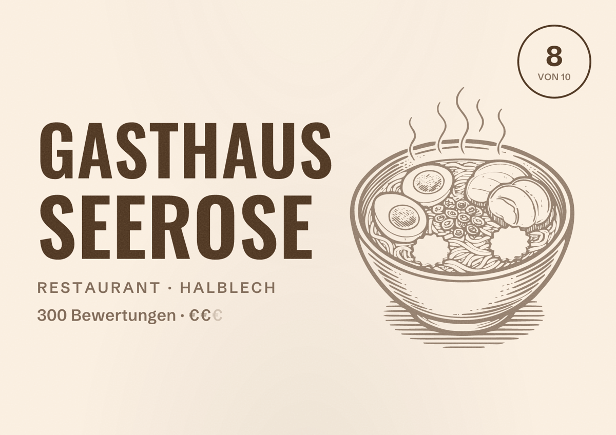 Illustriertes Poster von Gasthaus Seerose, Restaurant in Halblech: Bewertung 8 von 10 aus 300 Bewertungen, Preisniveau €€