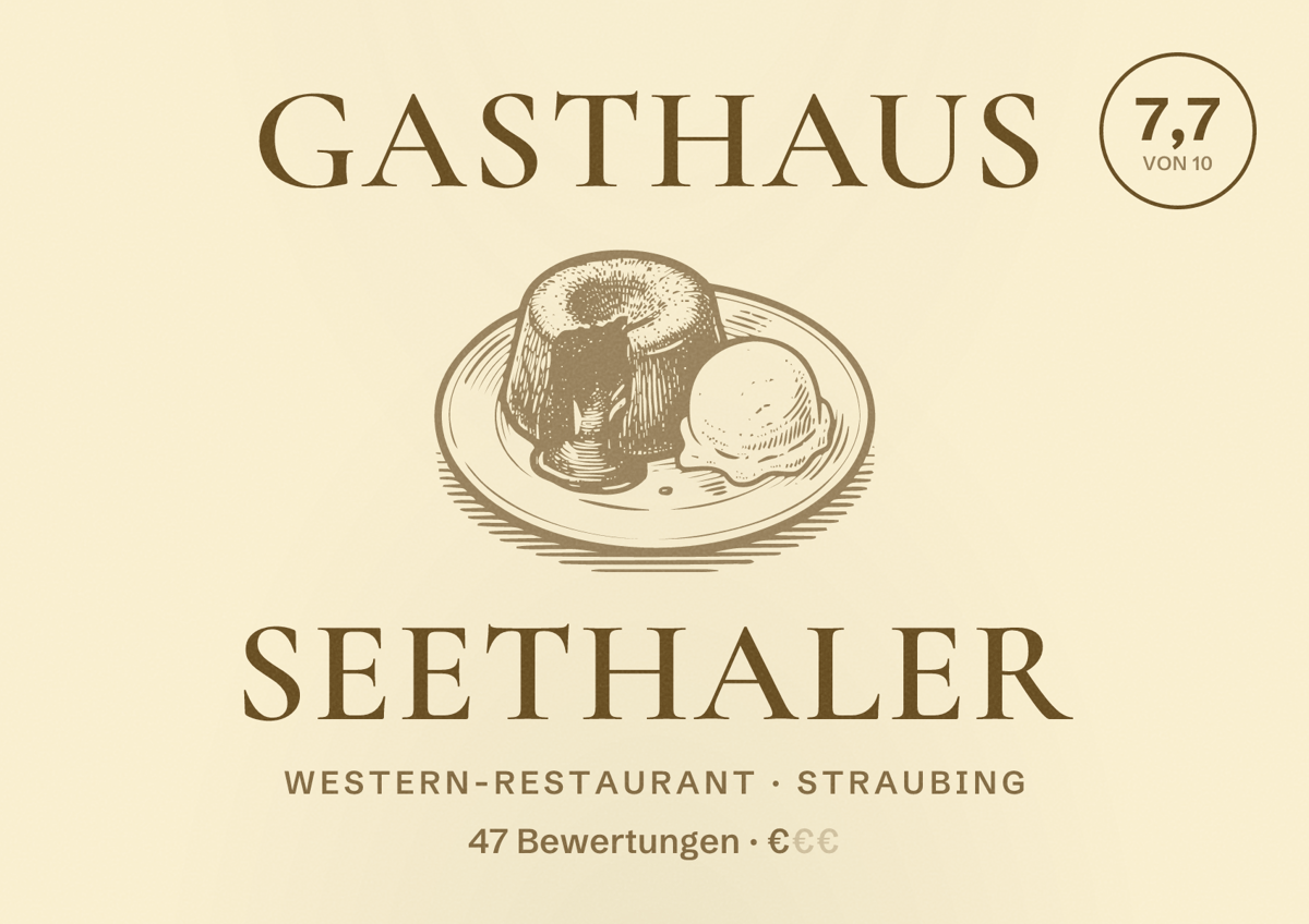 Illustriertes Poster von Gasthaus Seethaler, Western-Restaurant in Straubing: Bewertung 7,7 von 10 aus 47 Bewertungen, Preisniveau €