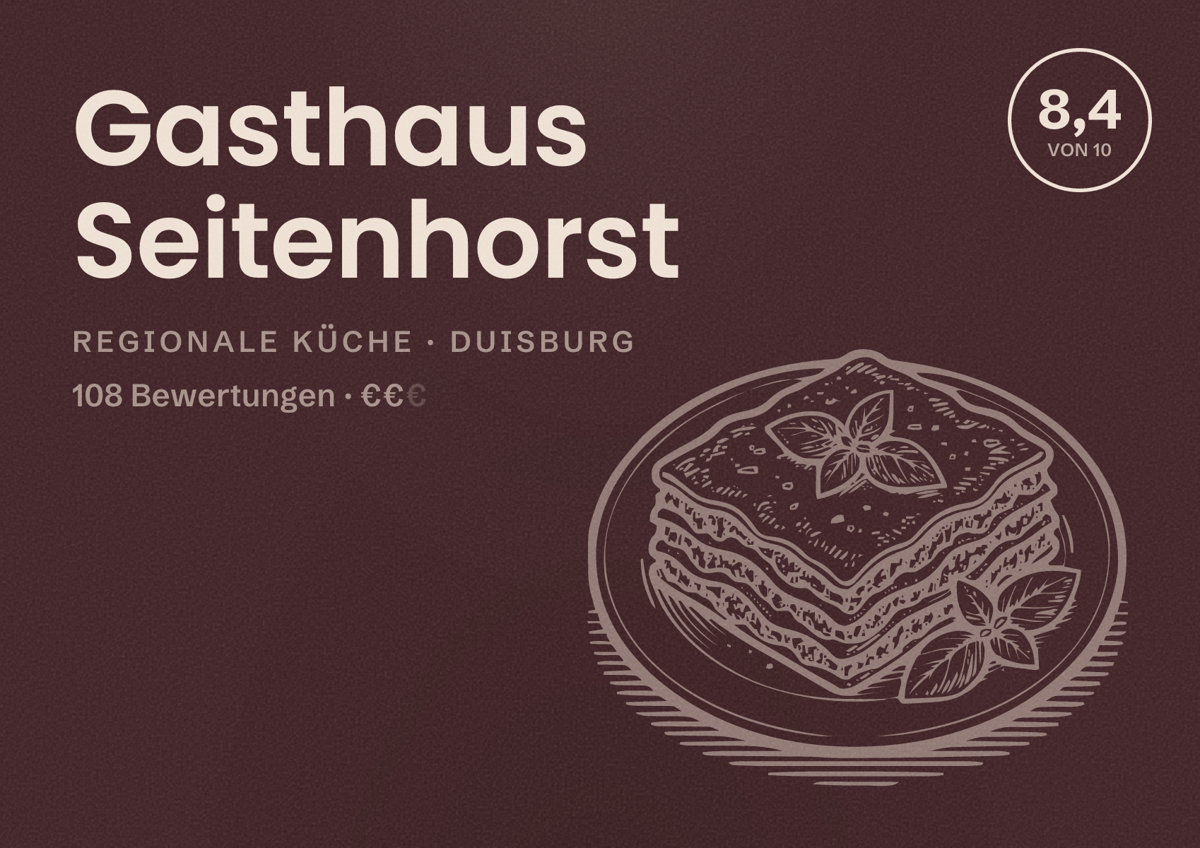 Illustriertes Poster von Gasthaus Seitenhorst, Regionale Küche in Duisburg: Bewertung 8,4 von 10 aus 108 Bewertungen, Preisniveau €€