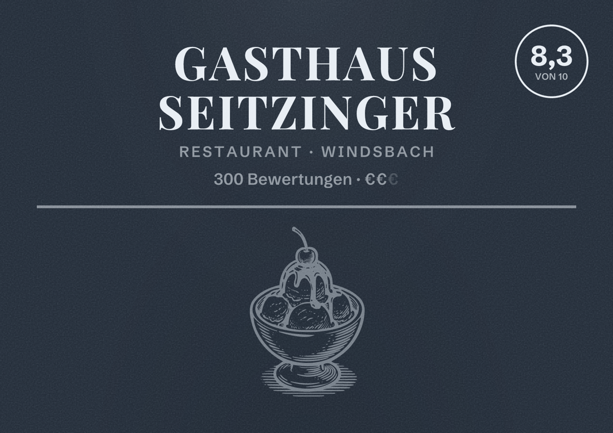 Illustriertes Poster von Gasthaus Seitzinger, Restaurant in Windsbach: Bewertung 8,3 von 10 aus 300 Bewertungen, Preisniveau €€