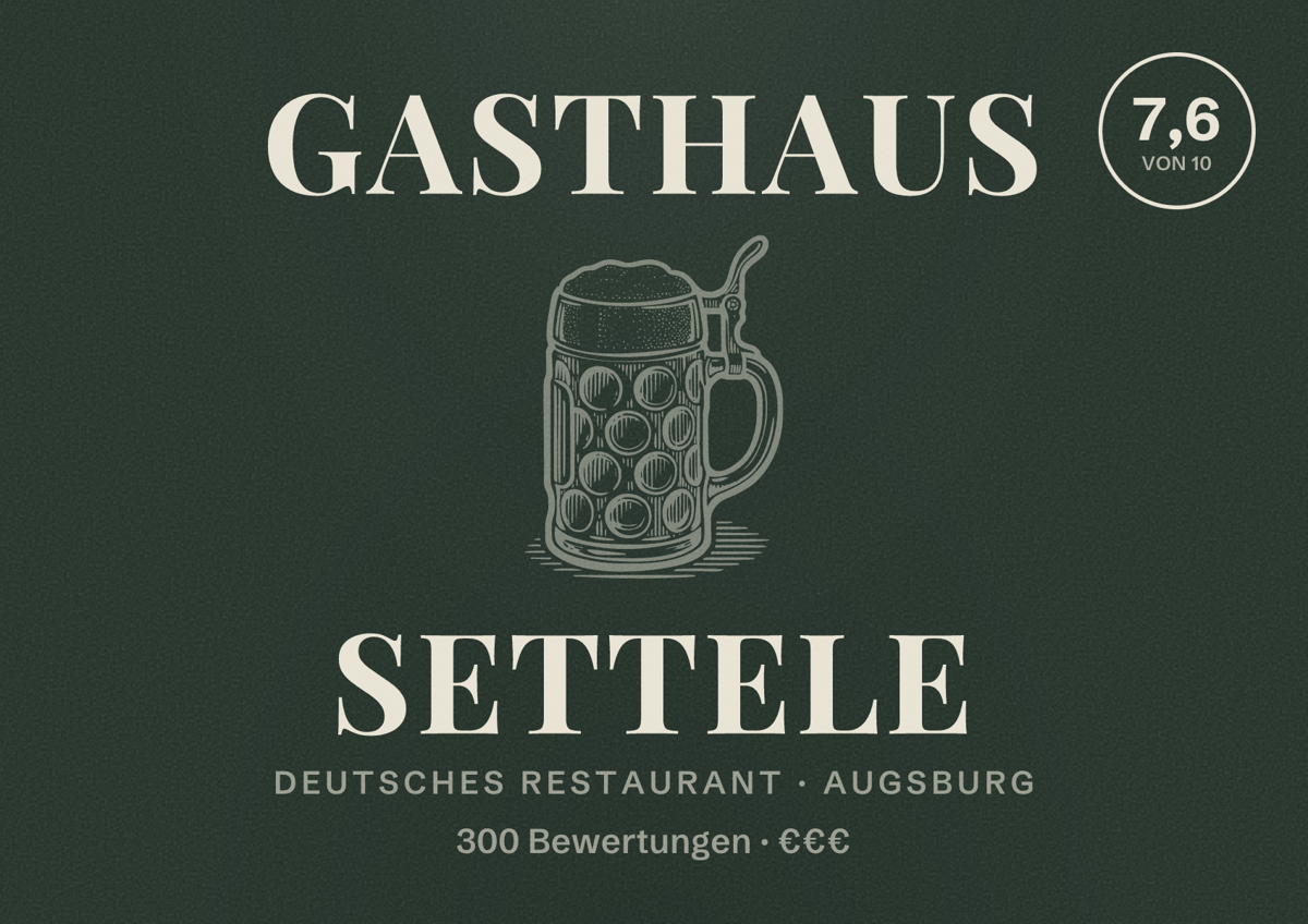 Illustriertes Poster von Gasthaus Settele, Deutsches Restaurant in Augsburg: Bewertung 7,6 von 10 aus 300 Bewertungen, Preisniveau €€€