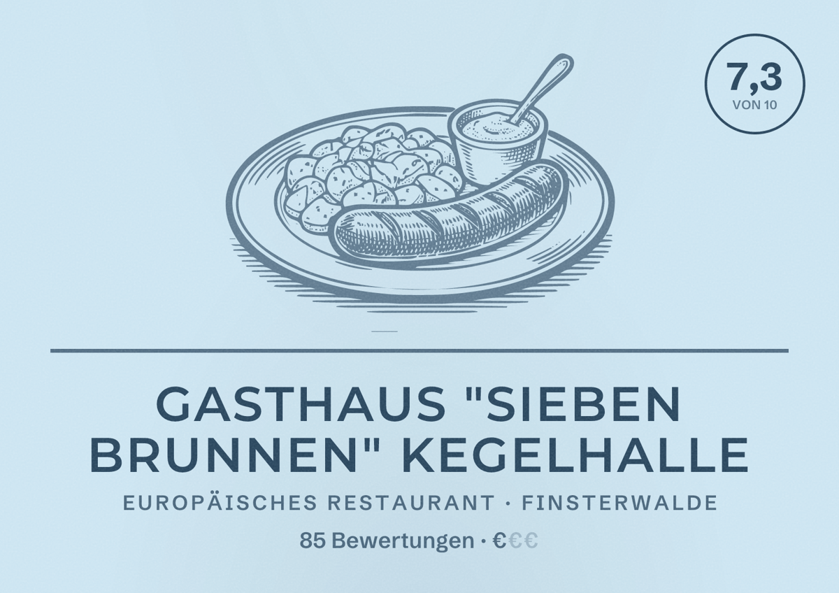Illustriertes Poster von Gasthaus "Sieben Brunnen" Kegelhalle, Europäisches Restaurant in Finsterwalde: Bewertung 7,3 von 10 aus 85 Bewertungen, Preisniveau €