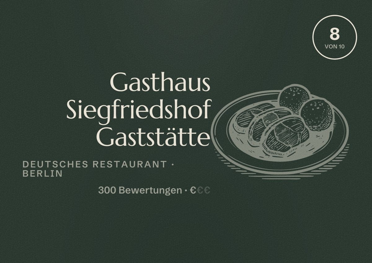 Illustriertes Poster von Gasthaus Siegfriedshof Gaststätte, Deutsches Restaurant in Berlin: Bewertung 8,0 von 10 aus 300 Bewertungen, Preisniveau €