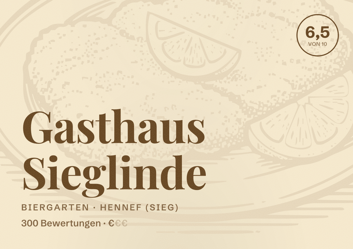Illustriertes Poster von Gasthaus Sieglinde, Biergarten in Hennef (Sieg): Bewertung 6,5 von 10 aus 300 Bewertungen, Preisniveau €
