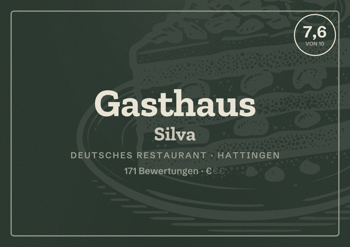 Illustriertes Poster von Gasthaus Silva, Deutsches Restaurant in Hattingen: Bewertung 7,6 von 10 aus 171 Bewertungen, Preisniveau €