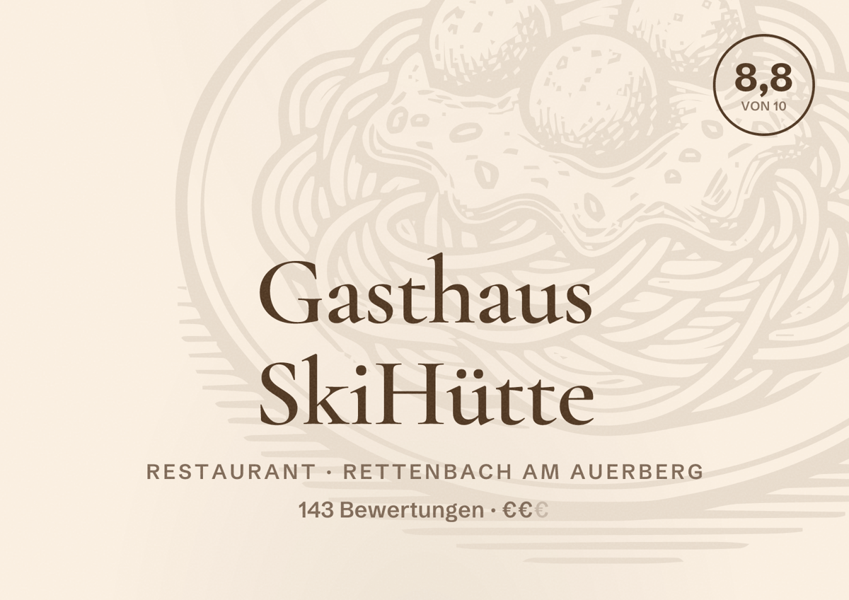 Illustriertes Poster von Gasthaus SkiHütte, Restaurant in Rettenbach am Auerberg: Bewertung 8,8 von 10 aus 143 Bewertungen, Preisniveau €€