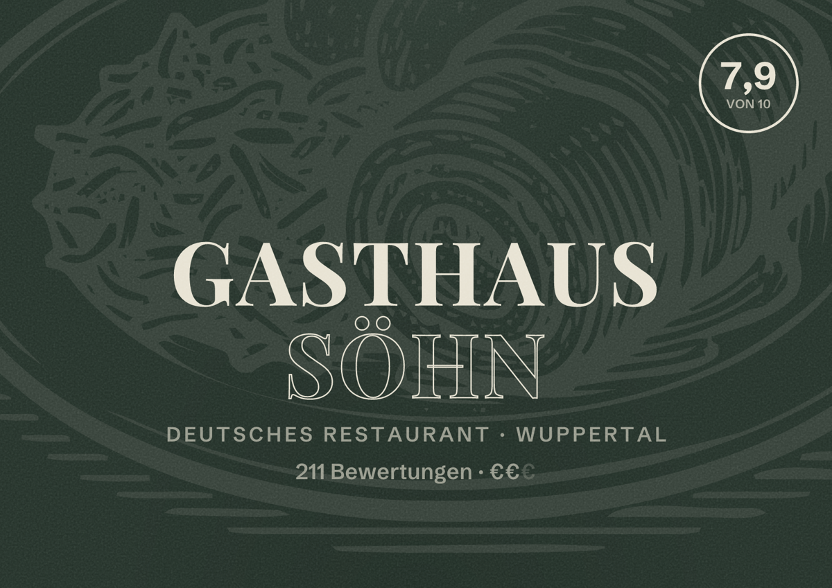 Illustriertes Poster von Gasthaus Söhn, Deutsches Restaurant in Wuppertal: Bewertung 7,9 von 10 aus 211 Bewertungen, Preisniveau €€