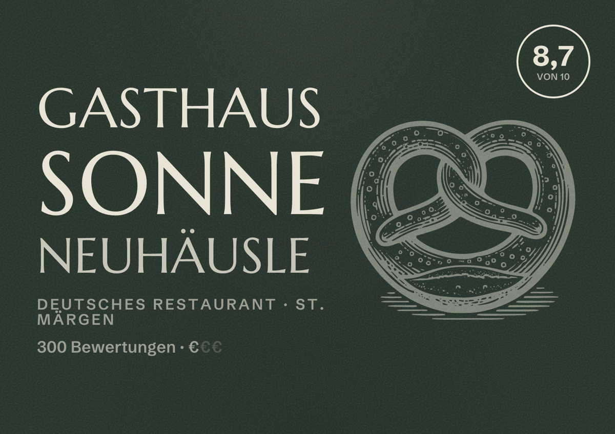 Illustriertes Poster von Gasthaus Sonne Neuhäusle, Deutsches Restaurant in St. Märgen: Bewertung 8,7 von 10 aus 300 Bewertungen, Preisniveau €