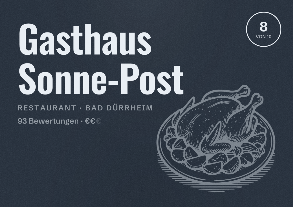 Illustriertes Poster von Gasthaus Sonne-Post, Restaurant in Bad Dürrheim: Bewertung 8 von 10 aus 93 Bewertungen, Preisniveau €€