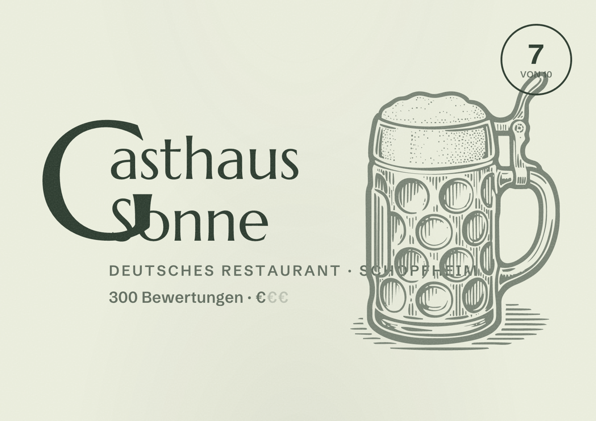 Illustriertes Poster von Gasthaus Sonne, Deutsches Restaurant in Schopfheim: Bewertung 7 von 10 aus 300 Bewertungen, Preisniveau €
