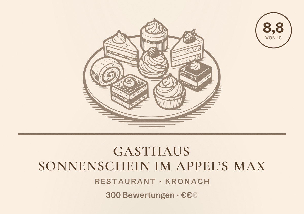 Illustriertes Poster von Gasthaus Sonnenschein im Appel’s Max, Restaurant in Kronach: Bewertung 8,8 von 10 aus 300 Bewertungen, Preisniveau €€