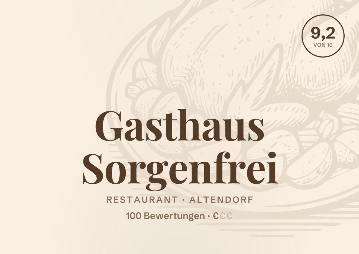 Illustriertes Poster von Gasthaus Sorgenfrei, Restaurant in Altendorf: Bewertung 9,2 von 10 aus 100 Bewertungen, Preisniveau €