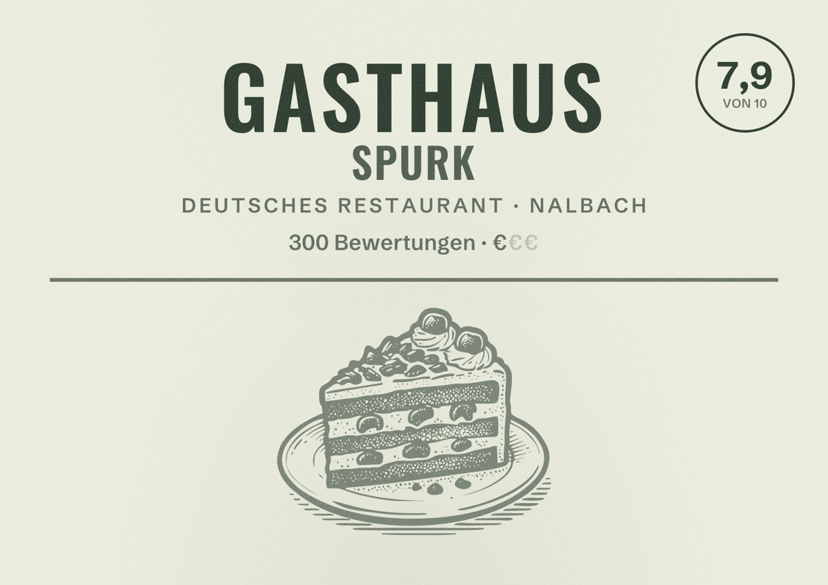Illustriertes Poster von Gasthaus Spurk, Deutsches Restaurant in Nalbach: Bewertung 7,9 von 10 aus 300 Bewertungen, Preisniveau €