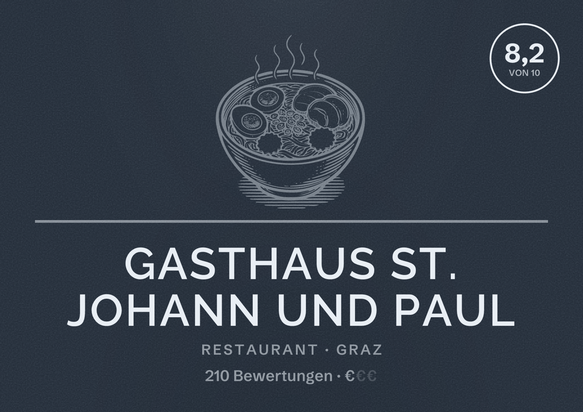Illustriertes Poster von Gasthaus St. Johann und Paul, Restaurant in Graz: Bewertung 8,2 von 10 aus 210 Bewertungen, Preisniveau €