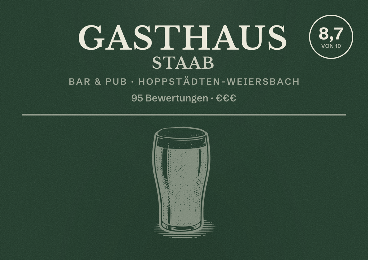 Illustriertes Poster von Gasthaus Staab, Bar & Pub in Hoppstädten-Weiersbach: Bewertung 8,7 von 10 aus 95 Bewertungen, Preisniveau €€€
