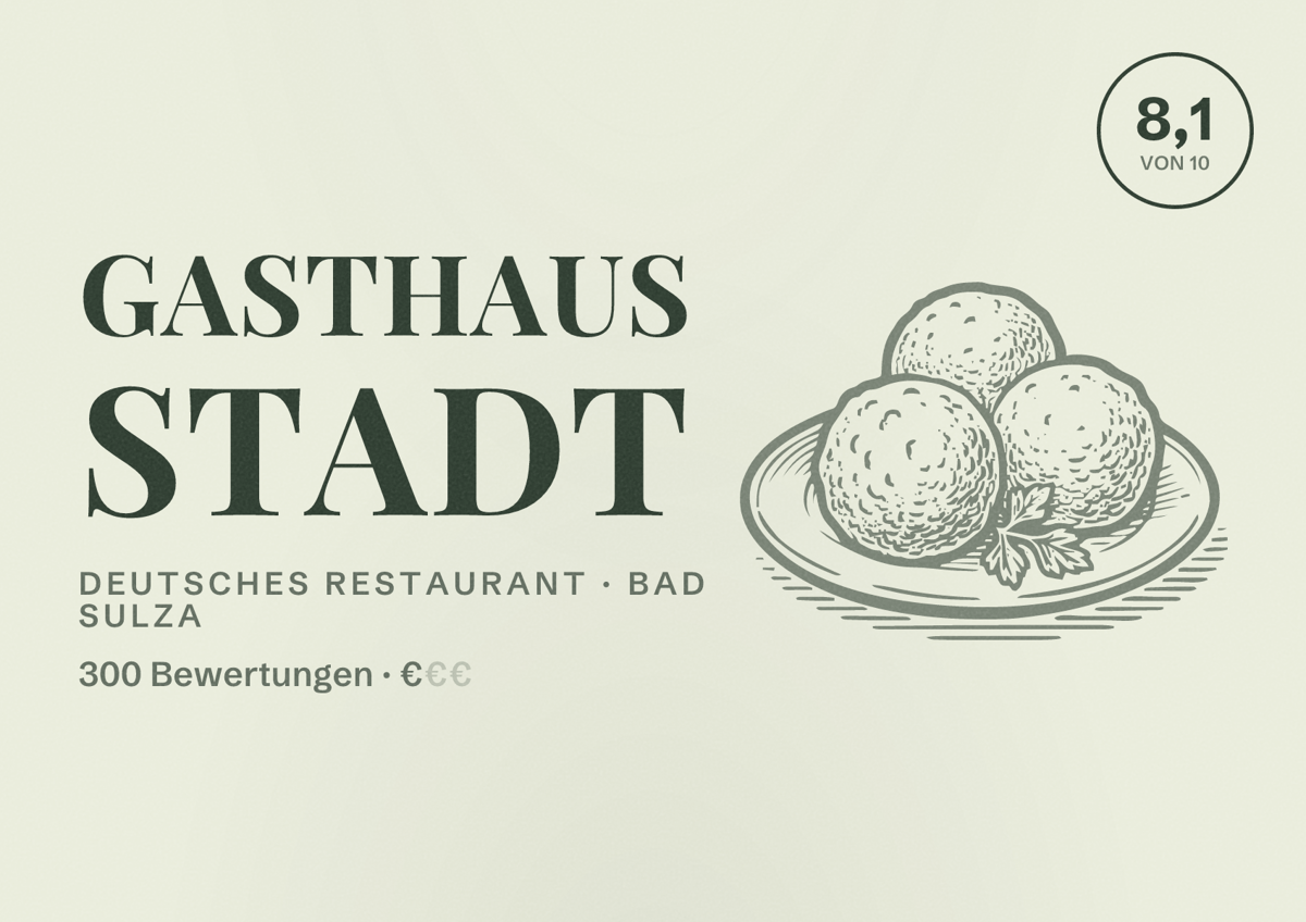 Illustriertes Poster von Gasthaus Stadt, Deutsches Restaurant in Bad Sulza: Bewertung 8,1 von 10 aus 300 Bewertungen, Preisniveau €