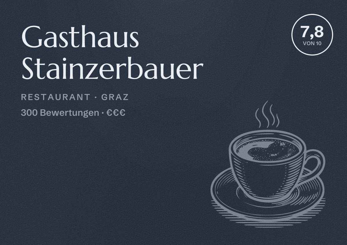 Illustriertes Poster von Gasthaus Stainzerbauer, Restaurant in Graz: Bewertung 7,8 von 10 aus 300 Bewertungen, Preisniveau €€€