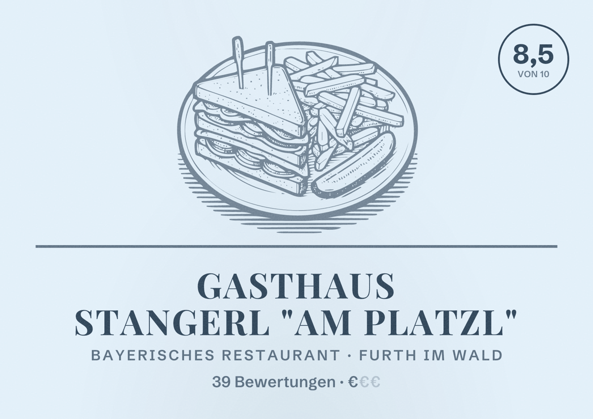 Illustriertes Poster von Gasthaus Stangerl "Am Platzl", Bayerisches Restaurant in Furth im Wald: Bewertung 8,5 von 10 aus 39 Bewertungen, Preisniveau €