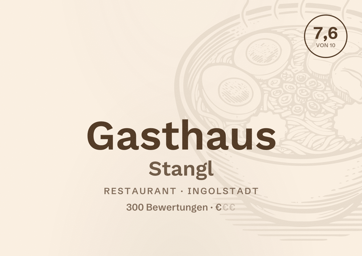 Illustriertes Poster von Gasthaus Stangl, Restaurant in Ingolstadt: Bewertung 7,6 von 10 aus 300 Bewertungen, Preisniveau €