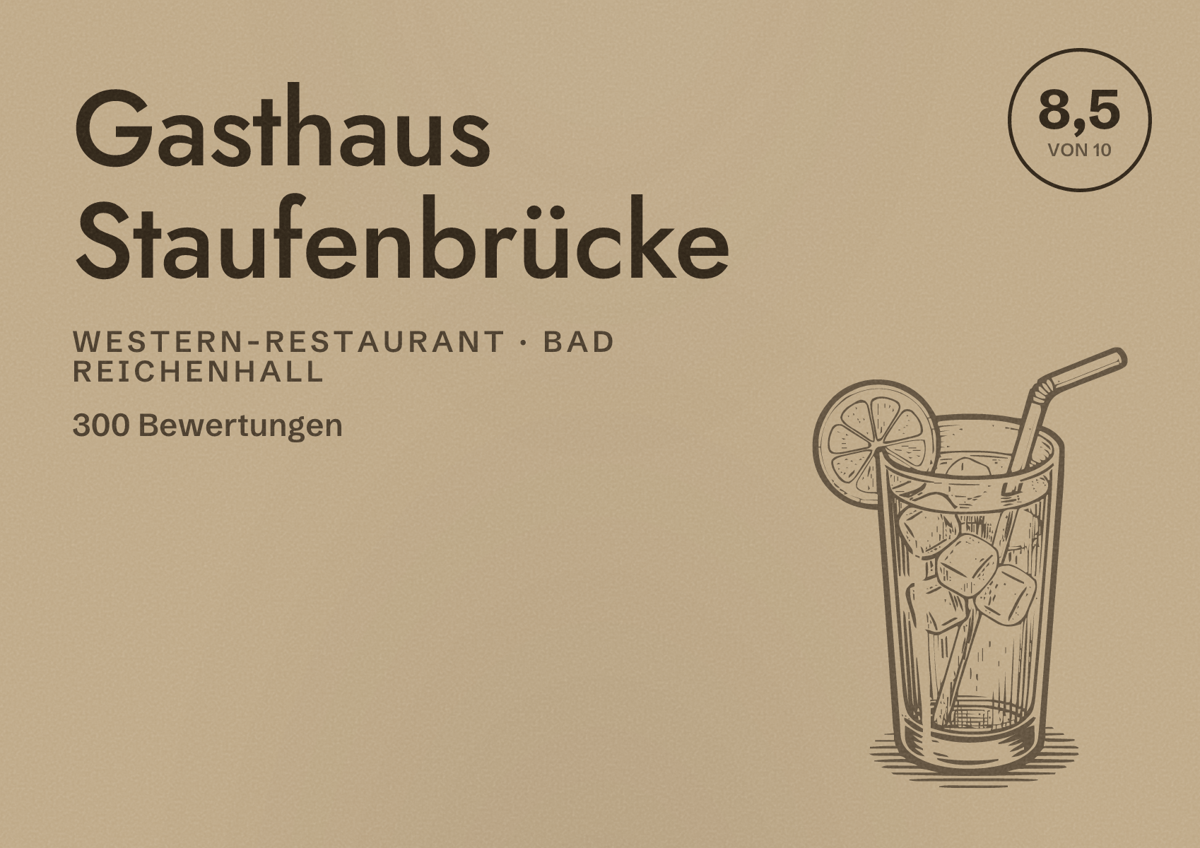 Illustriertes Poster von Gasthaus Staufenbrücke, Western-Restaurant in Bad Reichenhall: Bewertung 8,5 von 10 aus 300 Bewertungen