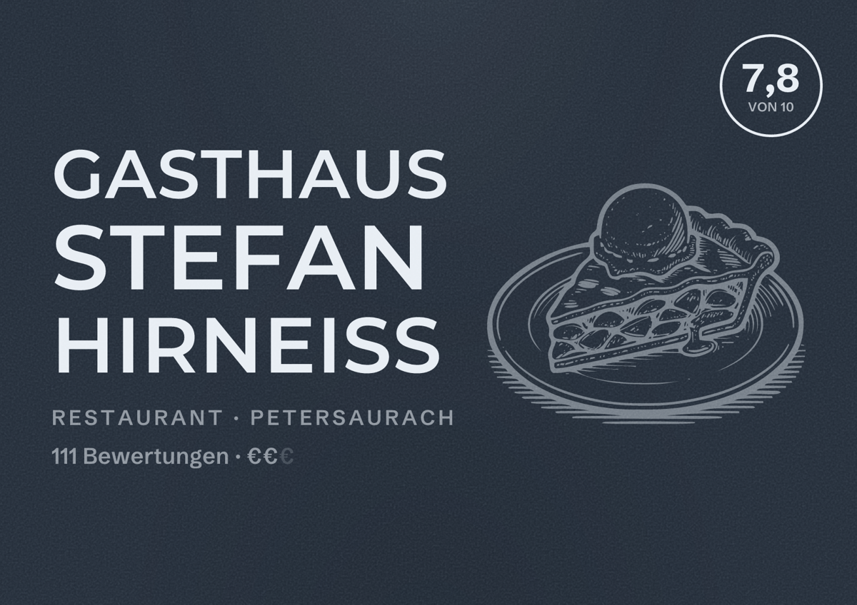 Illustriertes Poster von Gasthaus Stefan Hirneiß, Restaurant in Petersaurach: Bewertung 7,8 von 10 aus 111 Bewertungen, Preisniveau €€