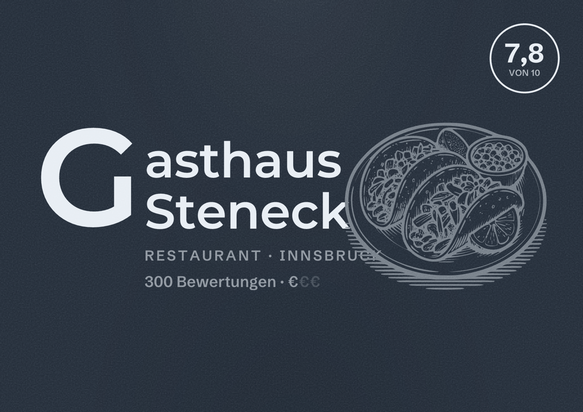 Illustriertes Poster von Gasthaus Steneck, Restaurant in Innsbruck: Bewertung 7,8 von 10 aus 300 Bewertungen, Preisniveau €