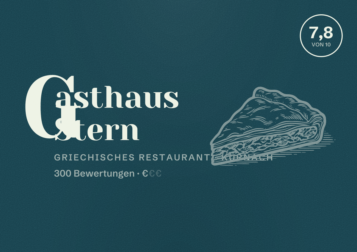 Illustriertes Poster von Gasthaus Stern, Griechisches Restaurant in Kürnach: Bewertung 7,8 von 10 aus 300 Bewertungen, Preisniveau €