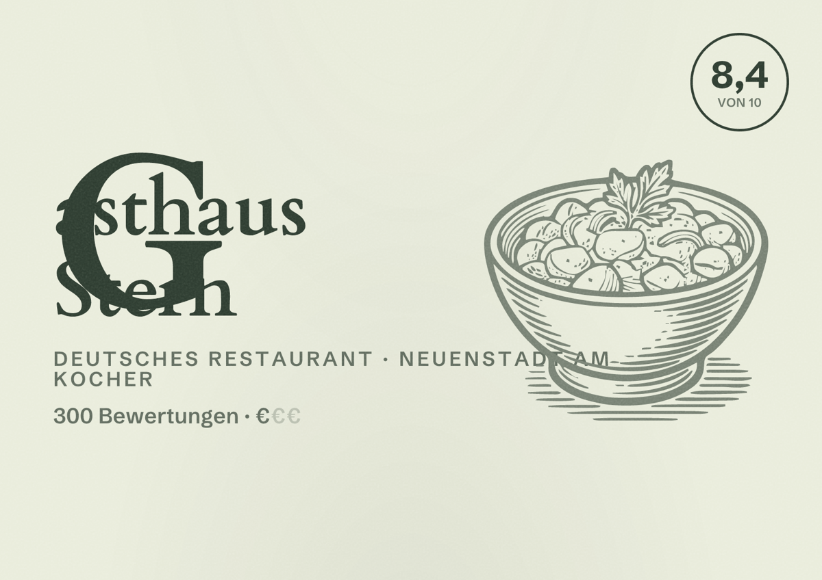 Illustriertes Poster von Gasthaus Stern, Deutsches Restaurant in Neuenstadt am Kocher: Bewertung 8,4 von 10 aus 300 Bewertungen, Preisniveau €
