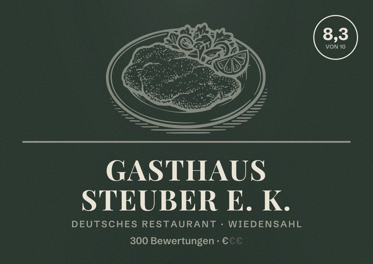Illustriertes Poster von Gasthaus Steuber e. K., Deutsches Restaurant in Wiedensahl: Bewertung 8,3 von 10 aus 300 Bewertungen, Preisniveau €