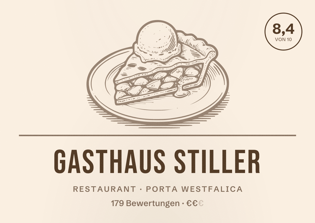 Illustriertes Poster von Gasthaus Stiller, Restaurant in Porta Westfalica: Bewertung 8,4 von 10 aus 179 Bewertungen, Preisniveau €€