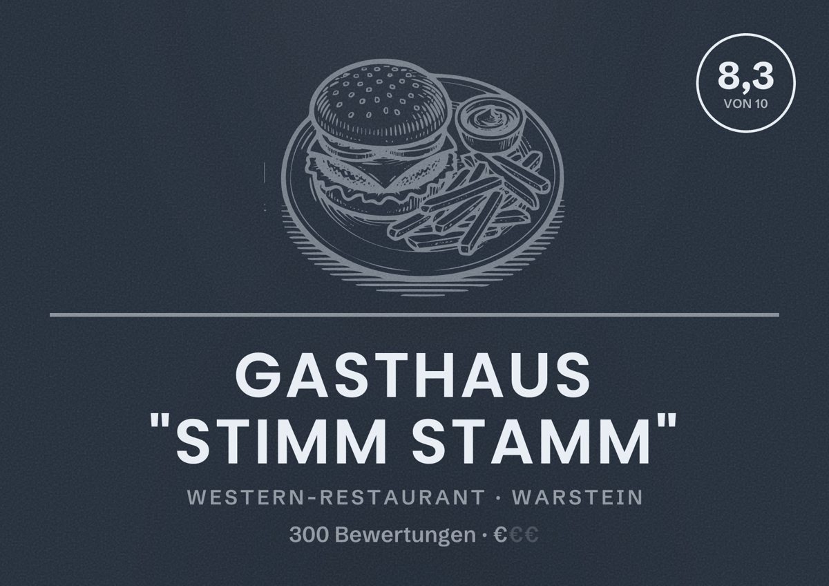 Illustriertes Poster von Gasthaus "Stimm Stamm", Western-Restaurant in Warstein: Bewertung 8,3 von 10 aus 300 Bewertungen, Preisniveau €