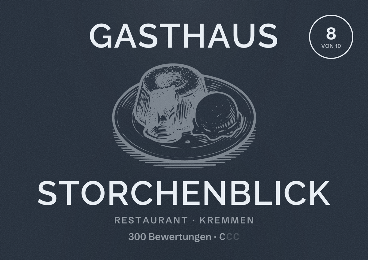 Illustriertes Poster von Gasthaus Storchenblick, Restaurant in Kremmen: Bewertung 8 von 10 aus 300 Bewertungen, Preisniveau €