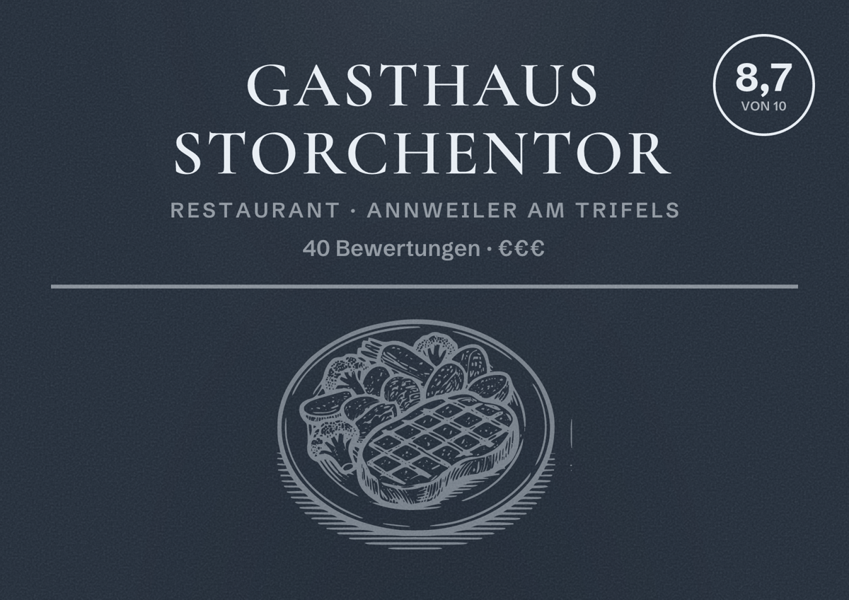 Illustriertes Poster von Gasthaus Storchentor, Restaurant in Annweiler am Trifels: Bewertung 8,7 von 10 aus 40 Bewertungen, Preisniveau €€€