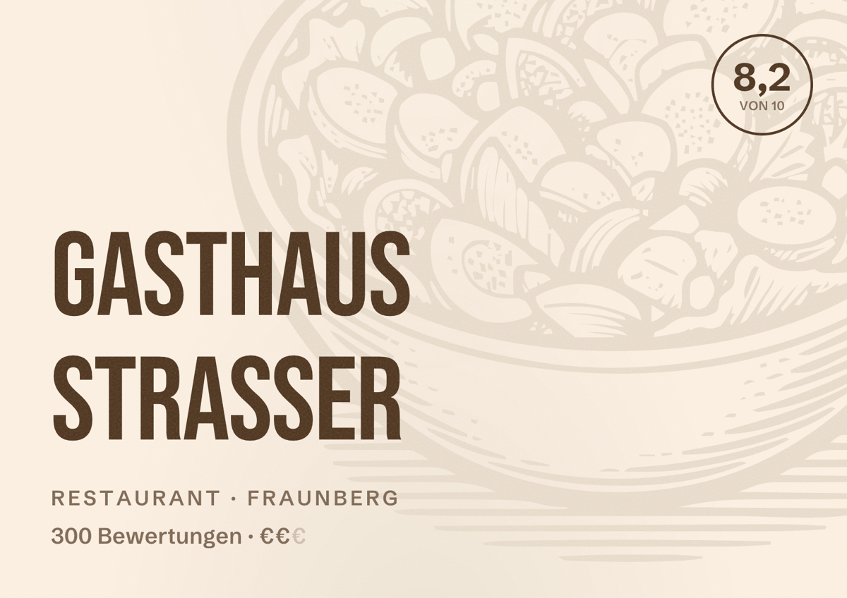 Illustriertes Poster von Gasthaus Strasser, Restaurant in Fraunberg: Bewertung 8,2 von 10 aus 300 Bewertungen, Preisniveau €€