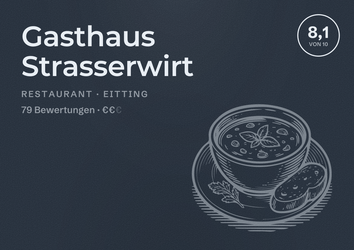 Illustriertes Poster von Gasthaus Strasserwirt, Restaurant in Eitting: Bewertung 8,1 von 10 aus 79 Bewertungen, Preisniveau €€
