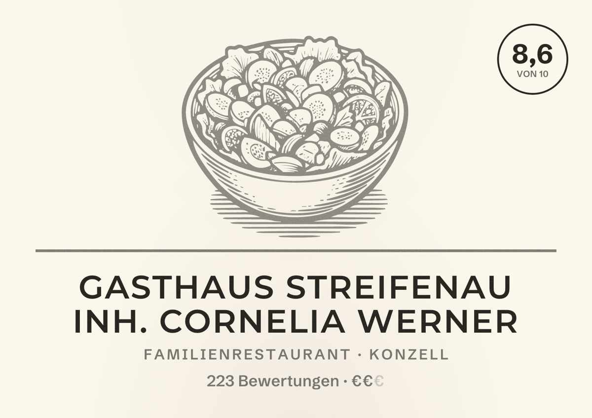 Illustriertes Poster von Gasthaus Streifenau Inh. Cornelia Werner, Familienrestaurant in Konzell: Bewertung 8,6 von 10 aus 223 Bewertungen, Preisniveau €€
