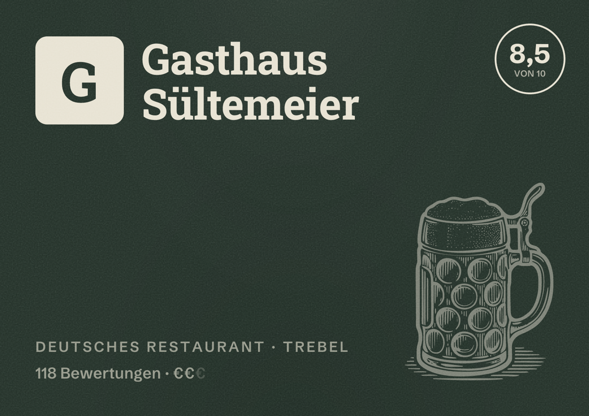 Illustriertes Poster von Gasthaus Sültemeier, Deutsches Restaurant in Trebel: Bewertung 8,5 von 10 aus 118 Bewertungen, Preisniveau €€