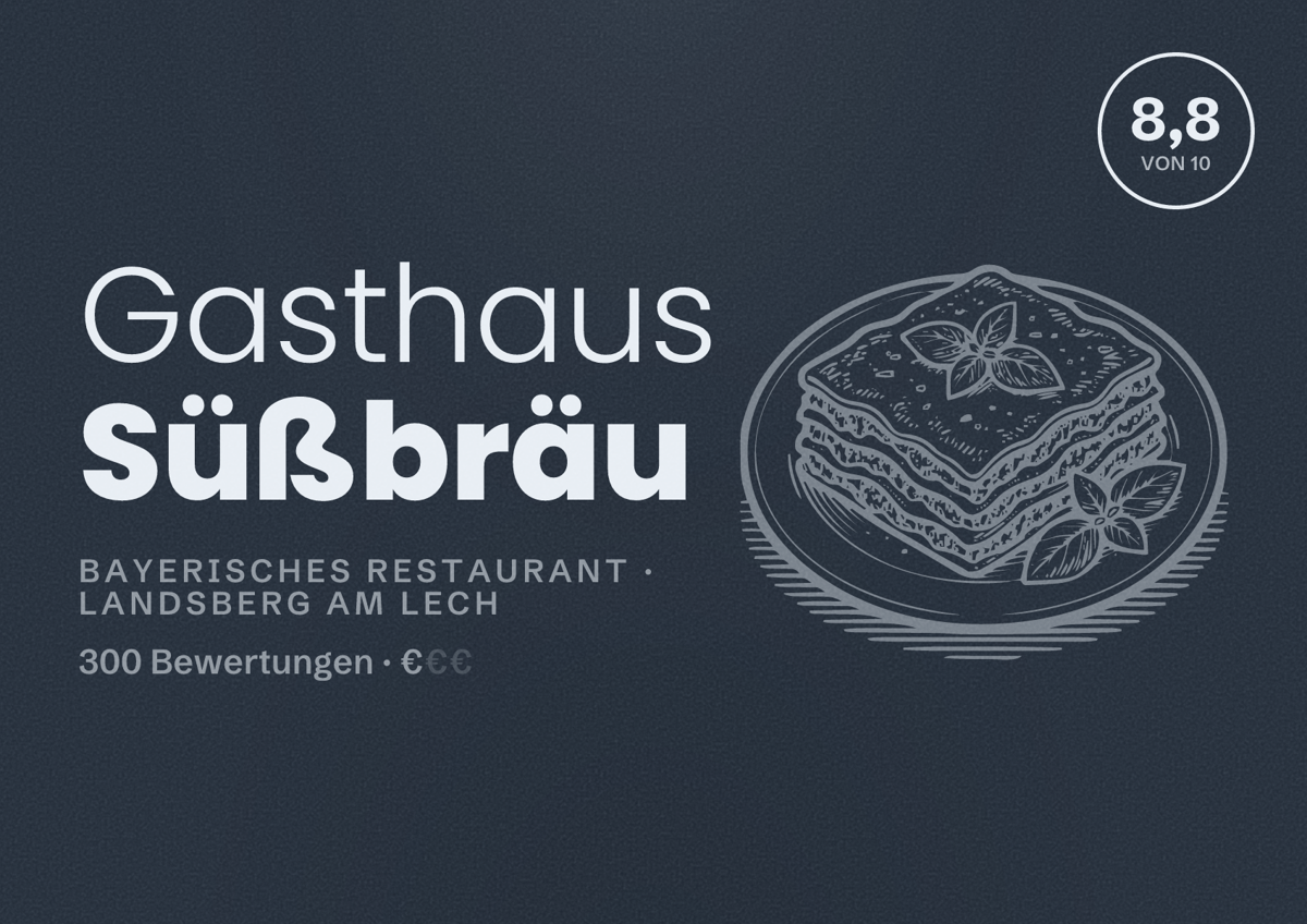 Illustriertes Poster von Gasthaus Süßbräu, Bayerisches Restaurant in Landsberg am Lech: Bewertung 8,8 von 10 aus 300 Bewertungen, Preisniveau €