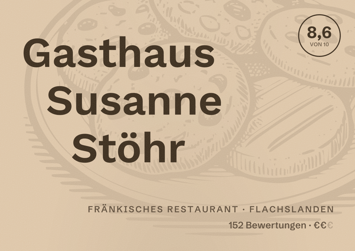 Illustriertes Poster von Gasthaus Susanne Stöhr, Fränkisches Restaurant in Flachslanden: Bewertung 8,6 von 10 aus 152 Bewertungen, Preisniveau €€