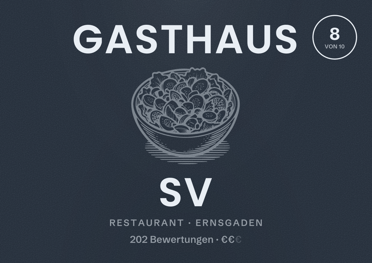 Illustriertes Poster von Gasthaus SV, Restaurant in Ernsgaden: Bewertung 8 von 10 aus 202 Bewertungen, Preisniveau €€