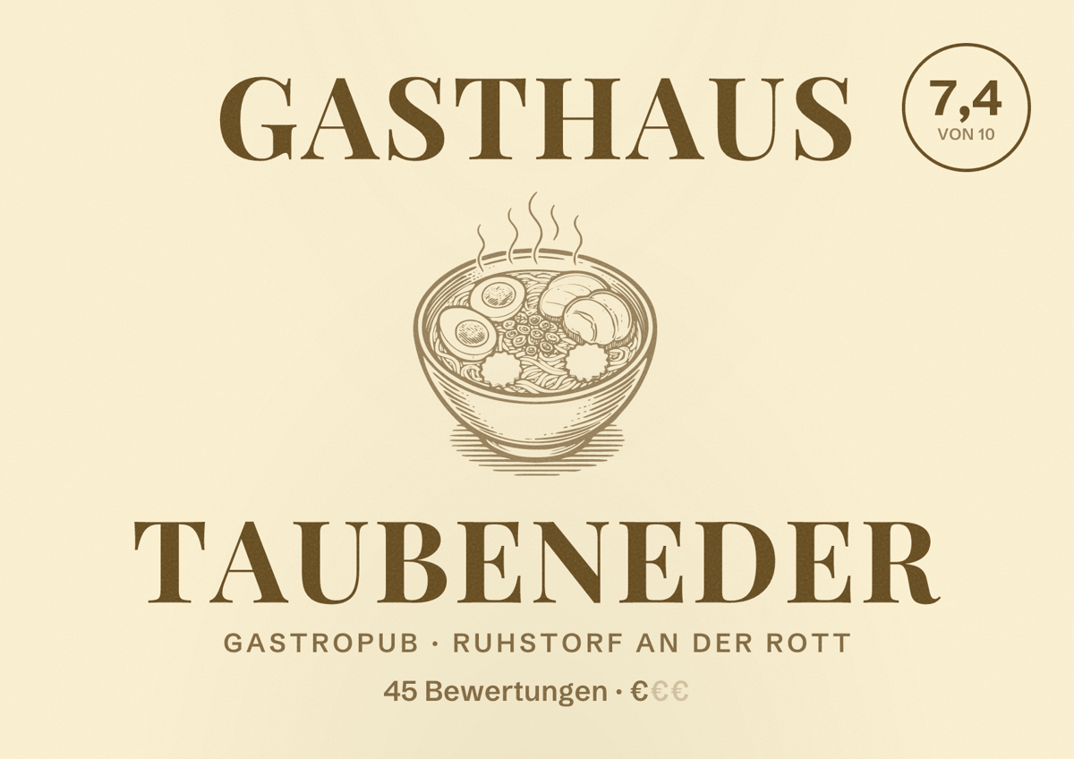 Illustriertes Poster von Gasthaus Taubeneder, Gastropub in Ruhstorf an der Rott: Bewertung 7,4 von 10 aus 45 Bewertungen, Preisniveau €