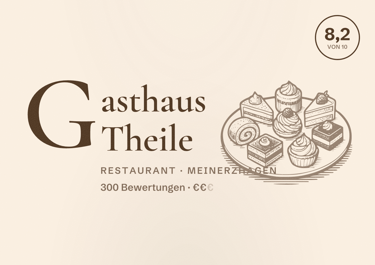 Illustriertes Poster von Gasthaus Theile, Restaurant in Meinerzhagen: Bewertung 8,2 von 10 aus 300 Bewertungen, Preisniveau €€