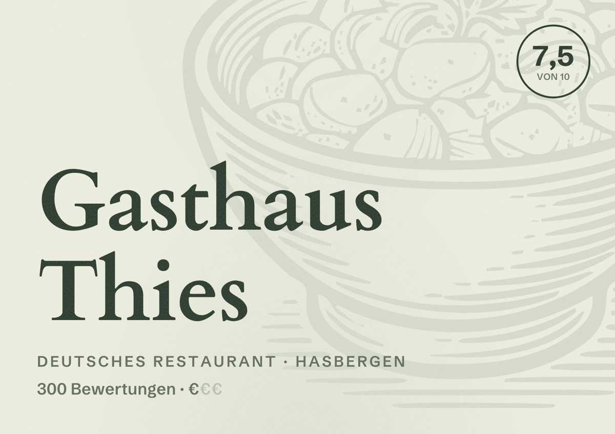 Illustriertes Poster von Gasthaus Thies, Deutsches Restaurant in Hasbergen: Bewertung 7,5 von 10 aus 300 Bewertungen, Preisniveau €