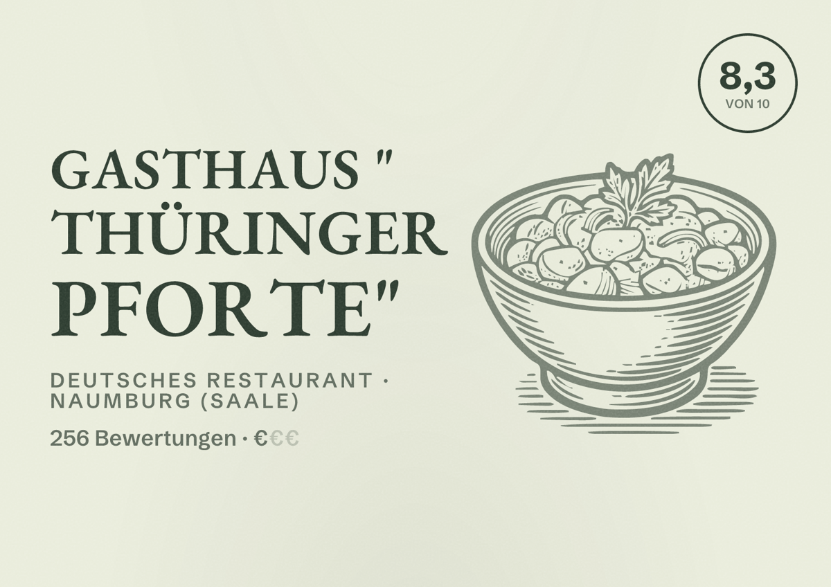 Illustriertes Poster von Gasthaus " Thüringer Pforte", Deutsches Restaurant in Naumburg (Saale): Bewertung 8,3 von 10 aus 256 Bewertungen, Preisniveau €