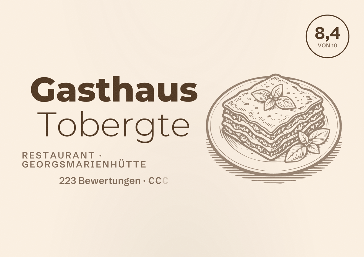 Illustriertes Poster von Gasthaus Tobergte, Restaurant in Georgsmarienhütte: Bewertung 8,4 von 10 aus 223 Bewertungen, Preisniveau €€