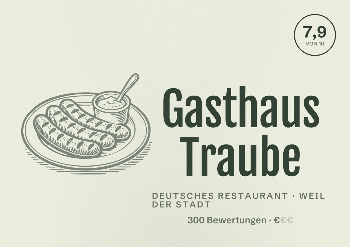 Illustriertes Poster von Gasthaus Traube, Deutsches Restaurant in Weil der Stadt: Bewertung 7,9 von 10 aus 300 Bewertungen, Preisniveau €