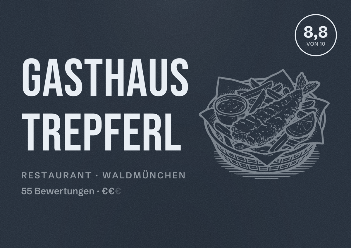 Illustriertes Poster von Gasthaus Trepferl, Restaurant in Waldmünchen: Bewertung 8,8 von 10 aus 55 Bewertungen, Preisniveau €€